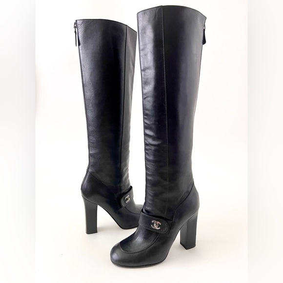 CHANEL | Black Leather Knee High Heel Boots CC Logo Turnlock EU 37 - Picture 1 of 15